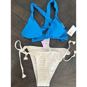 Blue Triangle Halter and White Crochet Bottom Target Bikini Size Small New